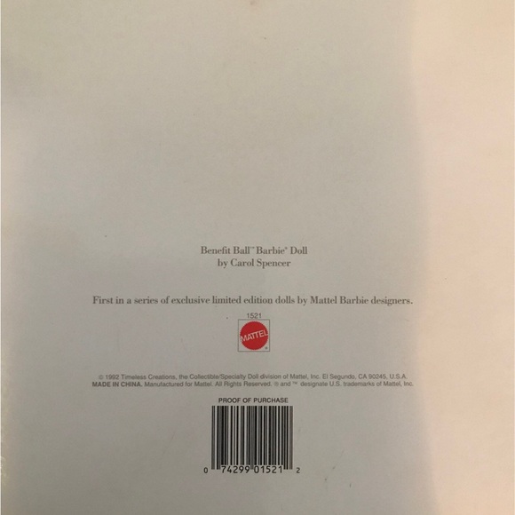 Benefit Ball Barbie Doll Classique Collection
Limited Edition, 1992 Model #1521 - Picture 7 of 7